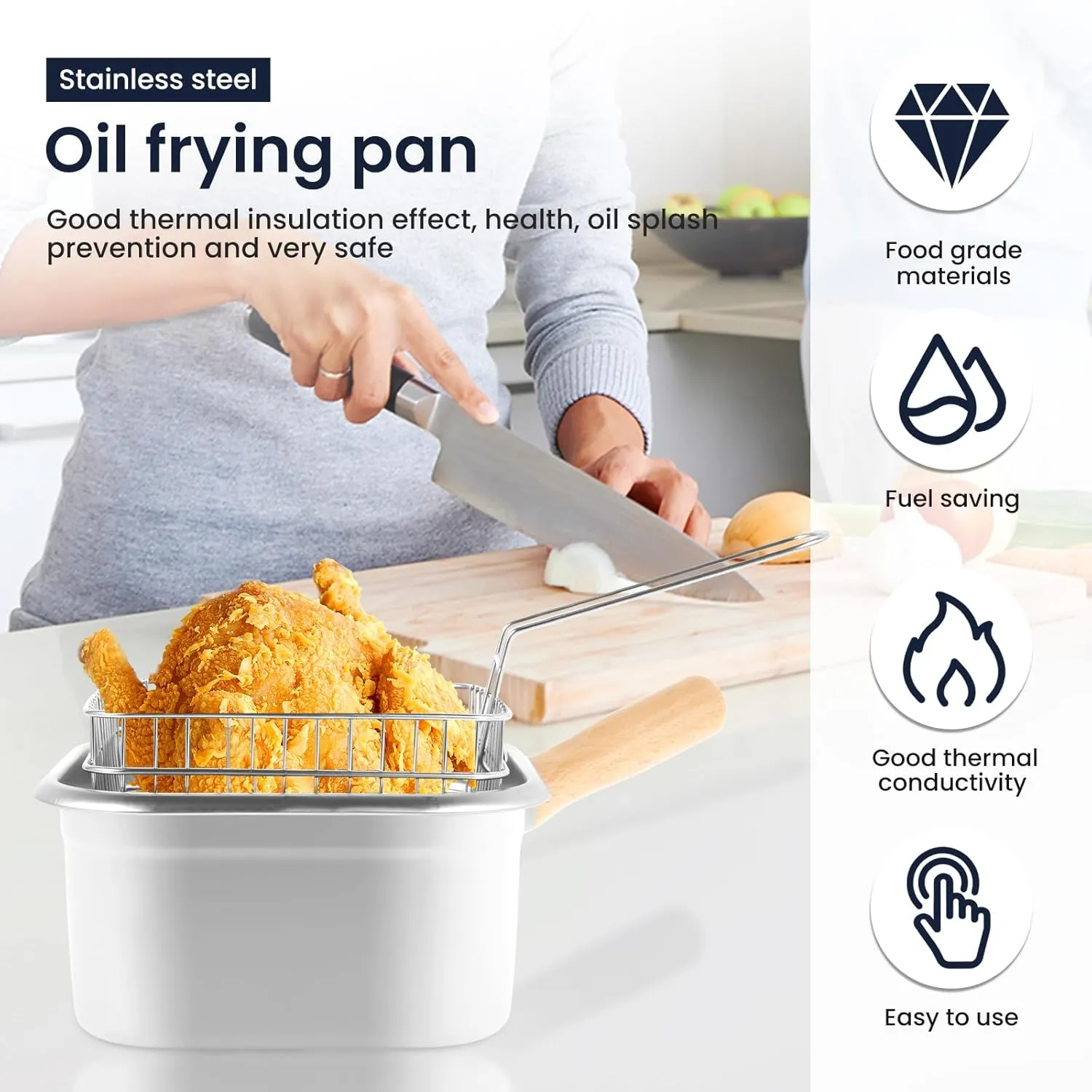 Deep Fryer Pot Stainless Steel Frying Pan with Basket and Handle Portable Square Deep Frying Pan with Lid Multifunctional Deep Fryer for Frying Fish Chicken and Fries.(Suit 2)