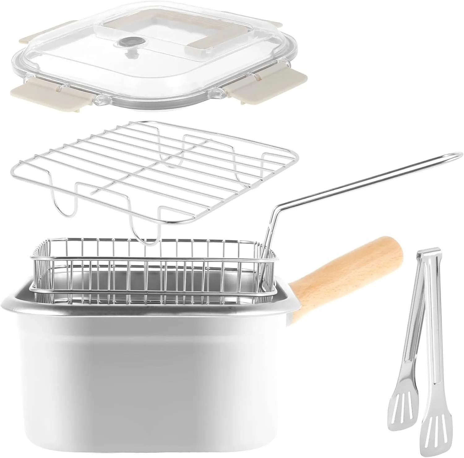 Deep Fryer Pot Stainless Steel Frying Pan with Basket and Handle Portable Square Deep Frying Pan with Lid Multifunctional Deep Fryer for Frying Fish Chicken and Fries.(Suit 2)