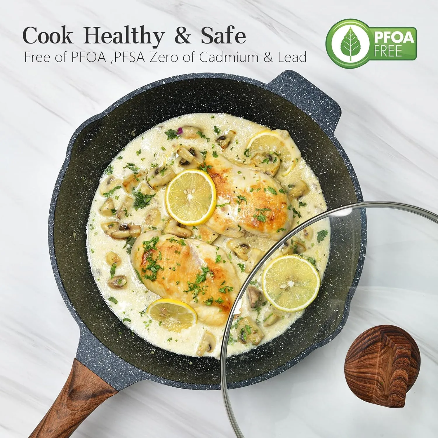Deep Frying Pan Nonstick with Lid and Spatula, 12 inch / 5.5 Quart Saute Pan, Non Stick Granite Stir-Fry Chef Skillet with Scrub Sponge, Gas Induction Stovetops Compatible