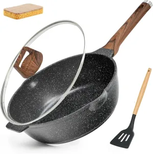 Deep Frying Pan Nonstick with Lid and Spatula, 12 inch / 5.5 Quart Saute Pan, Non Stick Granite Stir-Fry Chef Skillet with Scrub Sponge, Gas Induction Stovetops Compatible