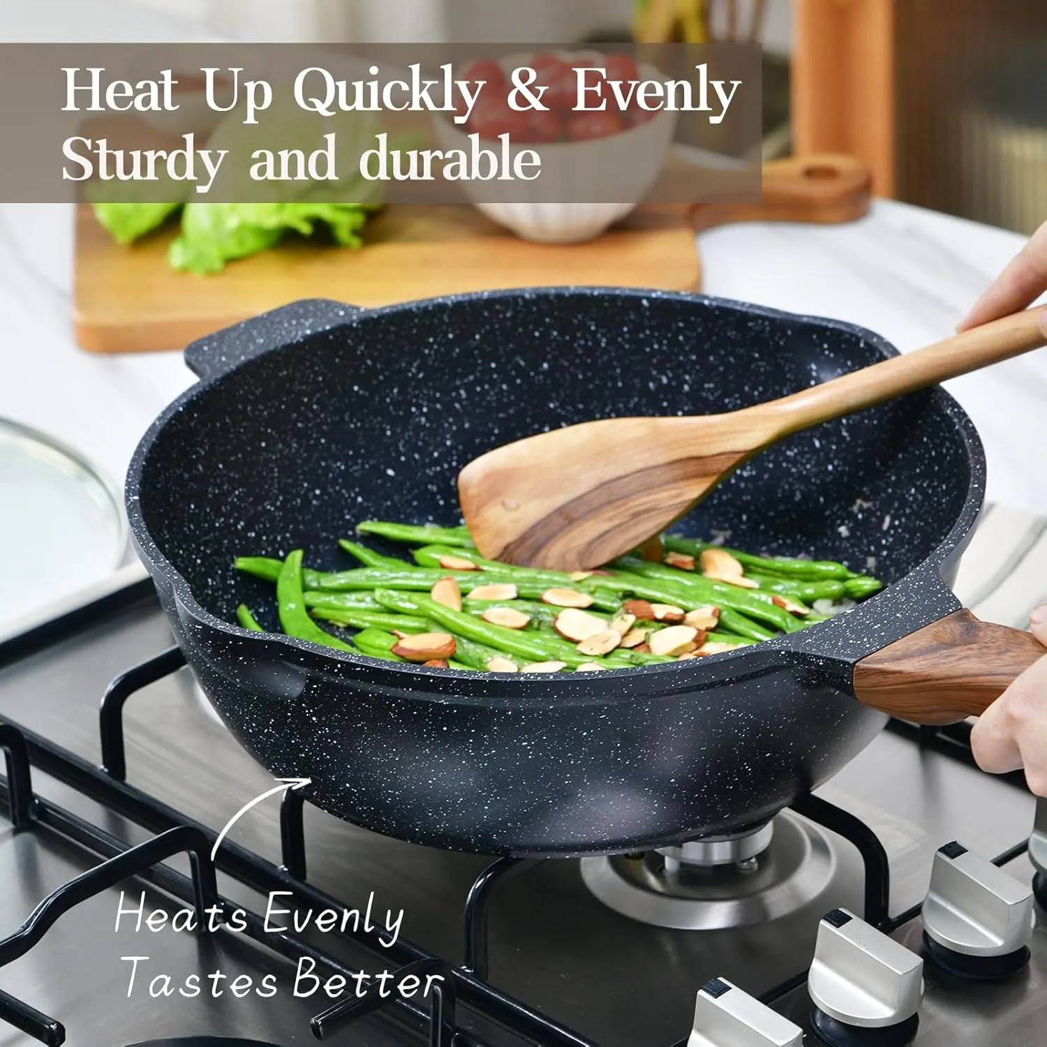 Deep Frying Pan Nonstick with Lid and Spatula, 12 inch / 5.5 Quart Saute Pan, Non Stick Granite Stir-Fry Chef Skillet with Scrub Sponge, Gas Induction Stovetops Compatible