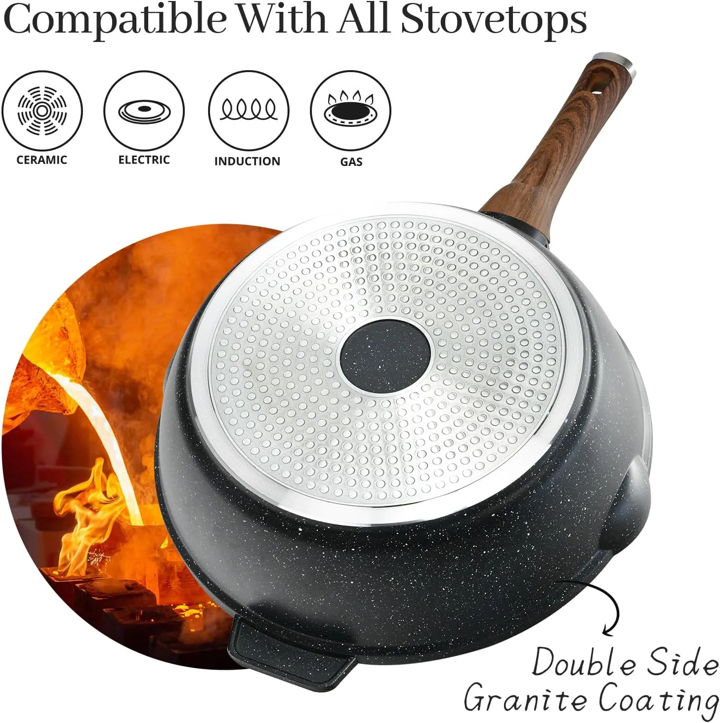 Deep Frying Pan Nonstick with Lid and Spatula, 12 inch / 5.5 Quart Saute Pan, Non Stick Granite Stir-Fry Chef Skillet with Scrub Sponge, Gas Induction Stovetops Compatible