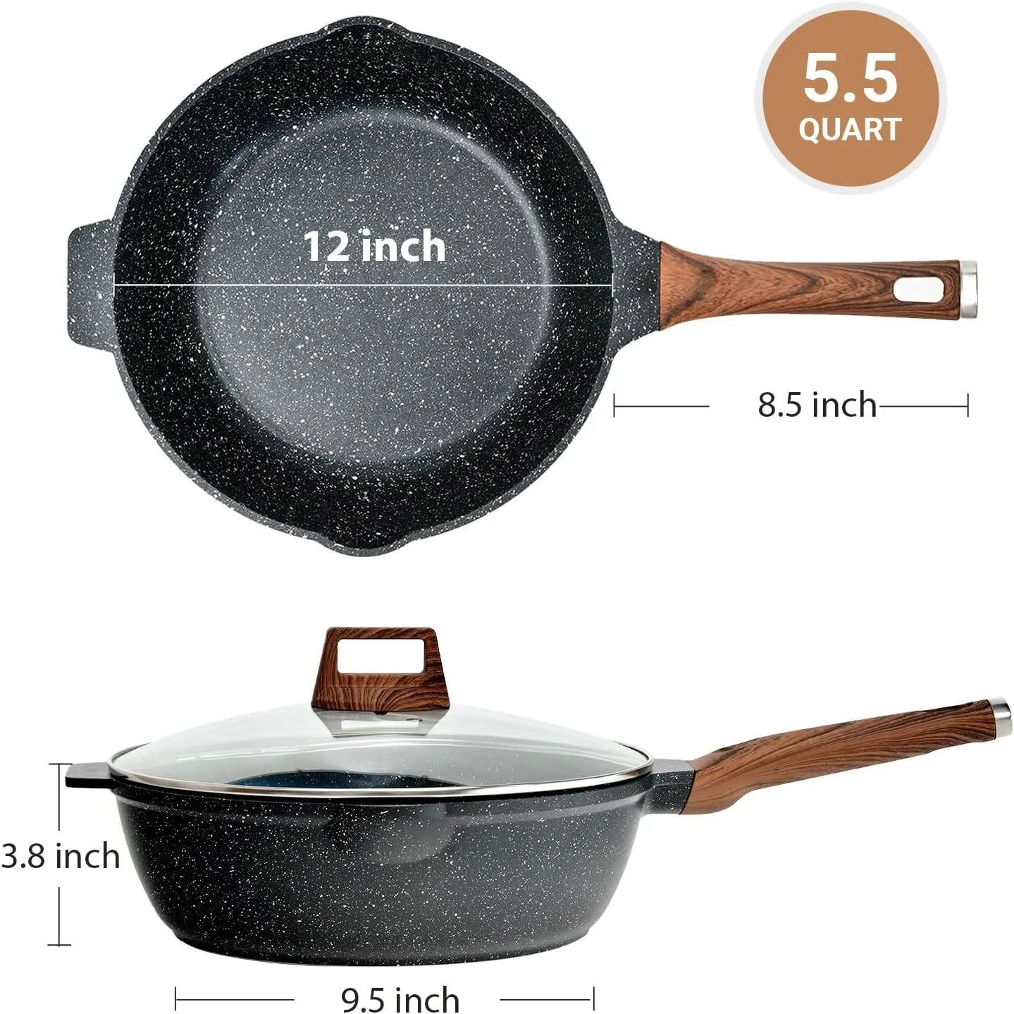 Deep Frying Pan Nonstick with Lid and Spatula, 12 inch / 5.5 Quart Saute Pan, Non Stick Granite Stir-Fry Chef Skillet with Scrub Sponge, Gas Induction Stovetops Compatible