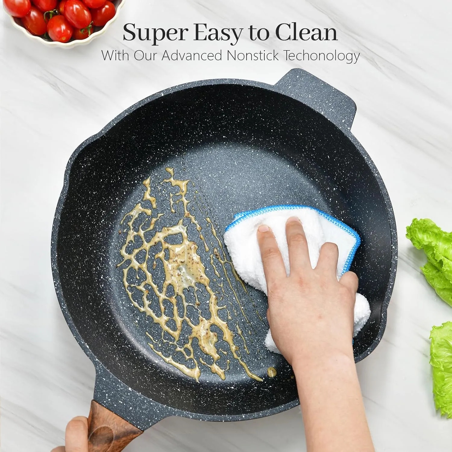 Deep Frying Pan Nonstick with Lid and Spatula, 12 inch / 5.5 Quart Saute Pan, Non Stick Granite Stir-Fry Chef Skillet with Scrub Sponge, Gas Induction Stovetops Compatible