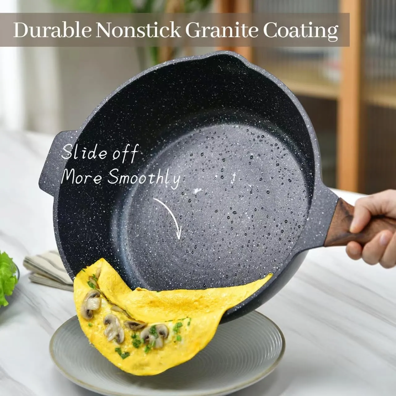 Deep Frying Pan Nonstick with Lid and Spatula, 12 inch / 5.5 Quart Saute Pan, Non Stick Granite Stir-Fry Chef Skillet with Scrub Sponge, Gas Induction Stovetops Compatible
