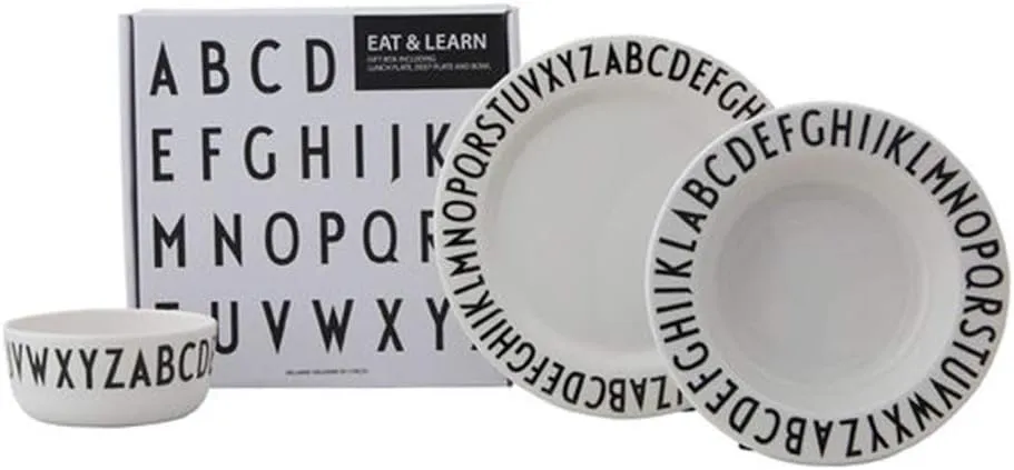 Design Letters Eat & Learn ABC Gift Set for Baby and Kids (White) - BPA-Free and BPS-Free, Contains 3 pcs, a Plate, deep Plate and a Bowl, Accessories are Sold Separately, Dishwasher Safe