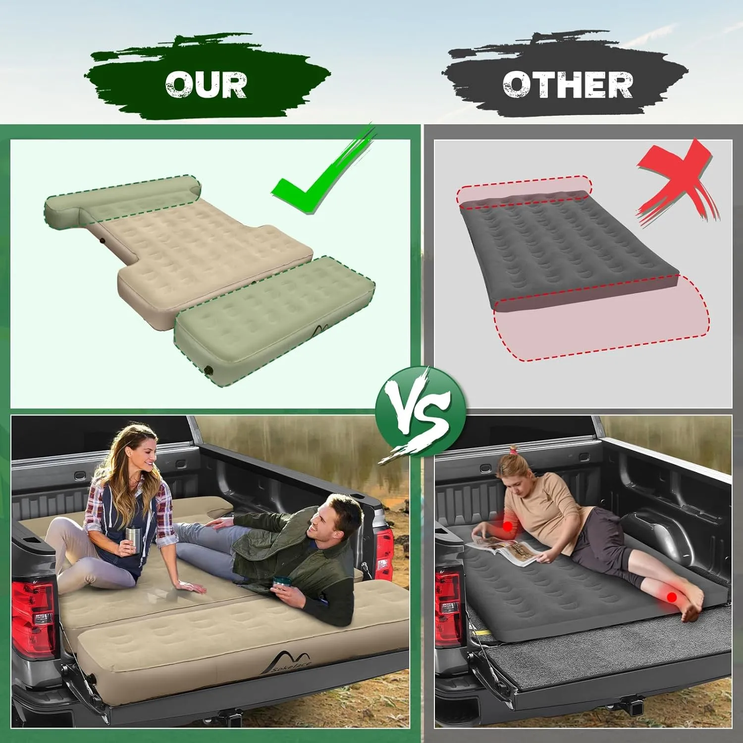 Detachable Tailgate Extendable 5.5-5.8ft Truck Bed Air Mattress - Heavy-Duty Inflatable Truck Bed Mattress with Car Pump, Extra Large Carry Bag, Leak-Resistant for Outdoor Camping & Pickup Trucks