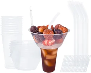 Disposable Snack and Drink Cup - Drink and Snack Cup in One, Stadium Tumbler Cups with Bowl on Top, Includes 10 Cups, 10 Bowls, 10 Straws, 20 Forks