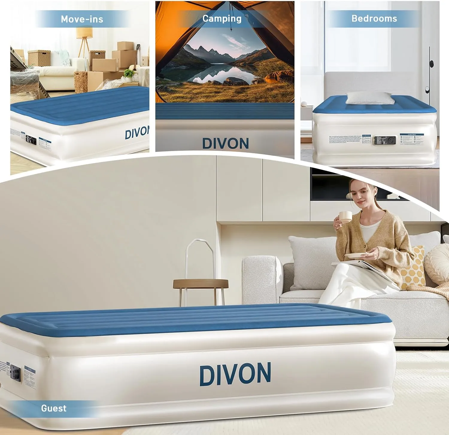 DIVON Twin Air Mattress with Built in Pump Raised,18”Single Inflatable Mattress in 2 Mins,Foldable Blow Up Mattress,Portable Twin Size Air Mattress for Camping,Travel&Floor,Air Bed for Adults,330lbs
