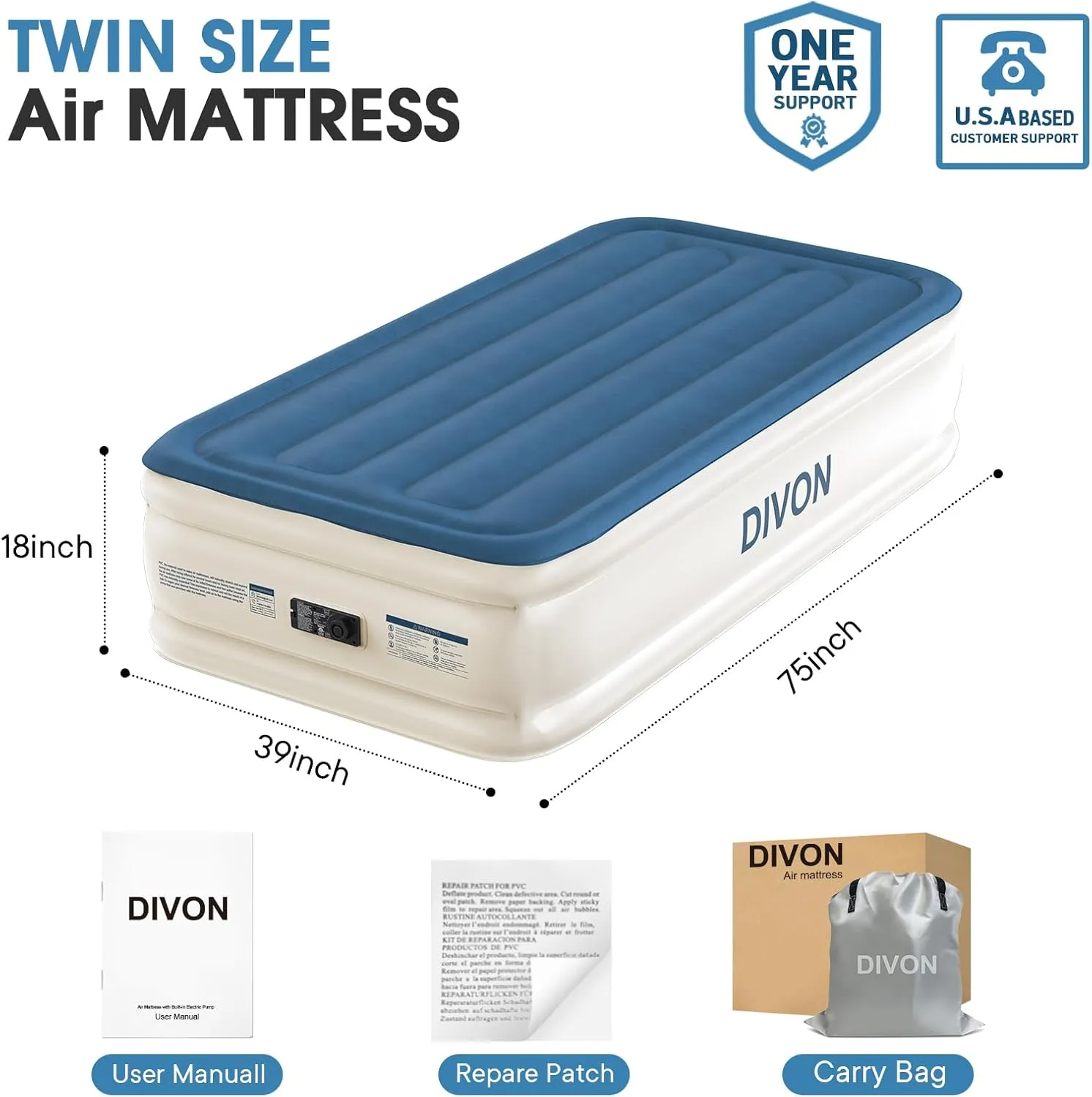 DIVON Twin Air Mattress with Built in Pump Raised,18”Single Inflatable Mattress in 2 Mins,Foldable Blow Up Mattress,Portable Twin Size Air Mattress for Camping,Travel&Floor,Air Bed for Adults,330lbs