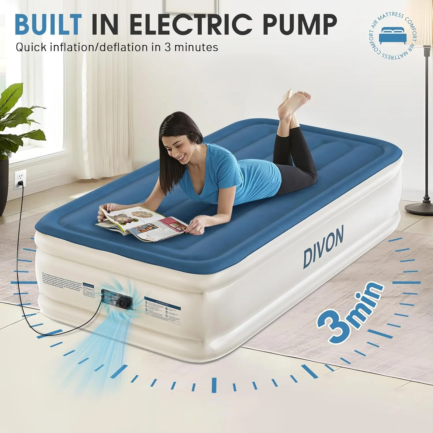 DIVON Twin Air Mattress with Built in Pump Raised,18”Single Inflatable Mattress in 2 Mins,Foldable Blow Up Mattress,Portable Twin Size Air Mattress for Camping,Travel&Floor,Air Bed for Adults,330lbs