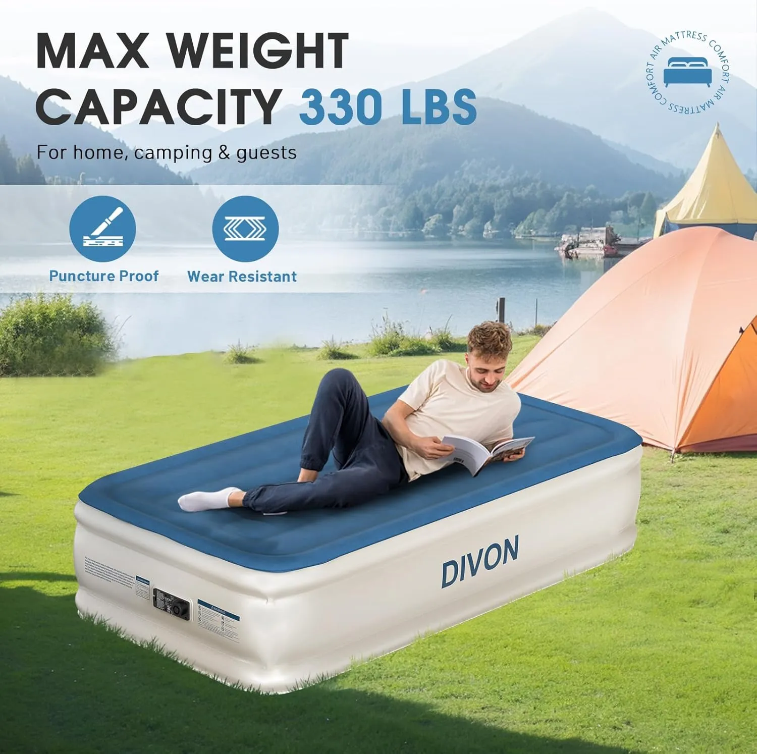 DIVON Twin Air Mattress with Built in Pump Raised,18”Single Inflatable Mattress in 2 Mins,Foldable Blow Up Mattress,Portable Twin Size Air Mattress for Camping,Travel&Floor,Air Bed for Adults,330lbs
