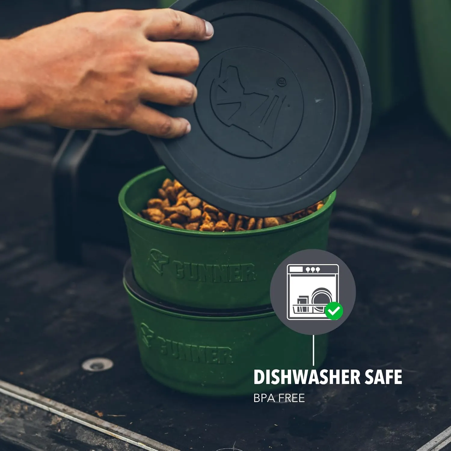 Dog Bowl with Spill-Proof Travel Lid – 7.5" x 3.75", 1.3 lb, 7-Cup Capacity, BPA-Free, Rust-Proof, Shock-Resistant, Stackable, Dishwasher Safe, Leak-Resistant Nesting Lid – Green