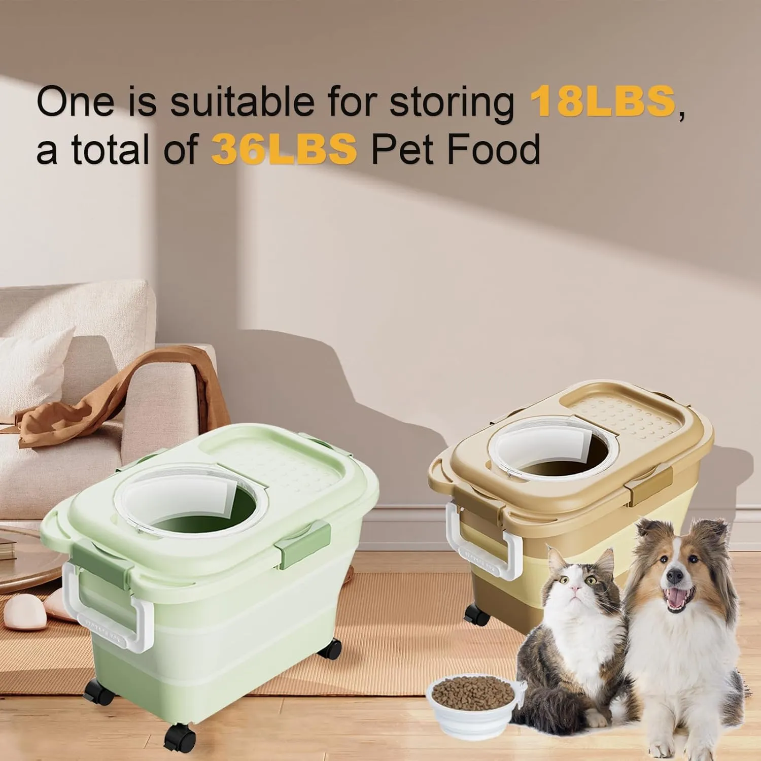 Dog Food Storage Container 2PCS*18LB,Collapsible Dog Food Container with Travel Silicone Bowl and Scoop for Dog/Cat/Bird Food/Cat litter,Keep Dry Food Fresh,Easy to Move.(Green Brown)