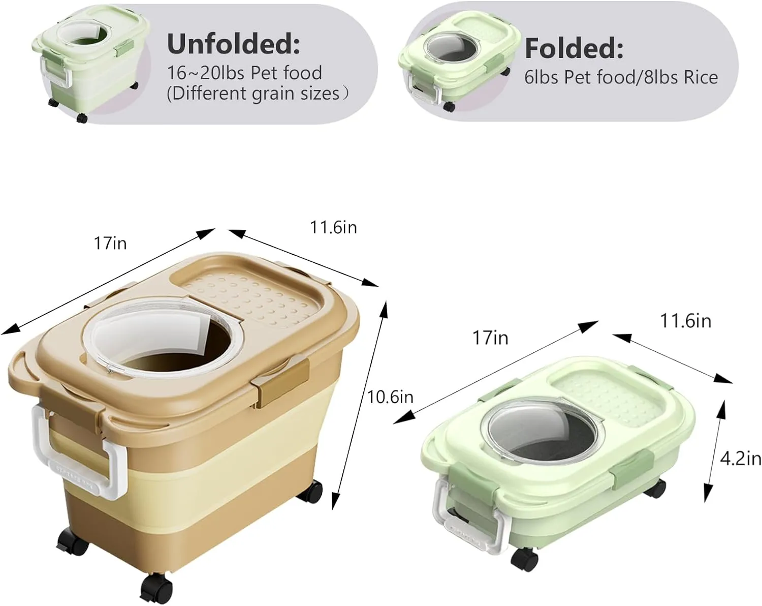 Dog Food Storage Container 2PCS*18LB,Collapsible Dog Food Container with Travel Silicone Bowl and Scoop for Dog/Cat/Bird Food/Cat litter,Keep Dry Food Fresh,Easy to Move.(Green Brown)
