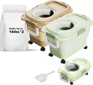 Dog Food Storage Container 2PCS*18LB,Collapsible Dog Food Container with Travel Silicone Bowl and Scoop for Dog/Cat/Bird Food/Cat litter,Keep Dry Food Fresh,Easy to Move.(Green Brown)