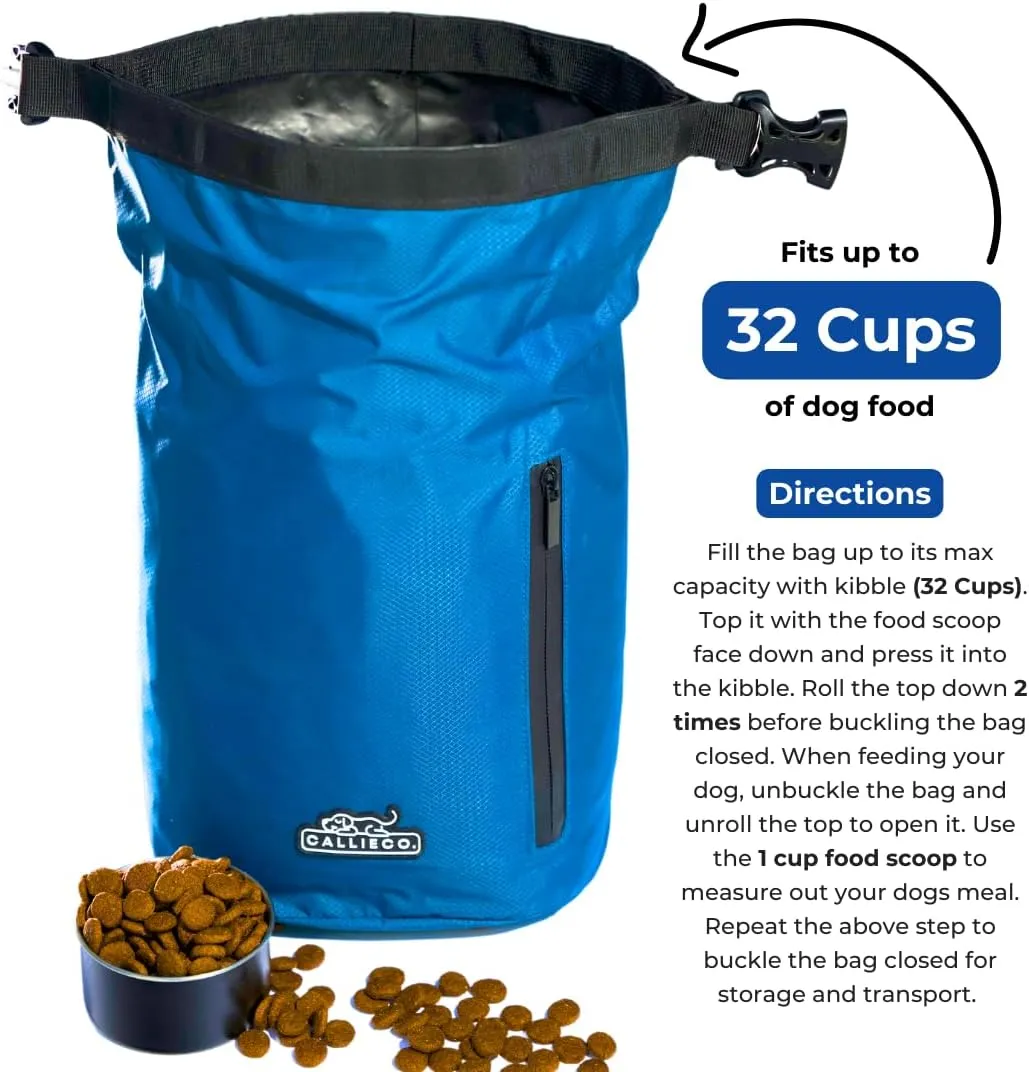 Dog Food Travel Bag w/ 1 Cup Scoop and Zipper Side Pocket | Waterproof Kibble Storage Container for Home, Road Trips, Camping, Boarding and More (Blue, 32 Cups)