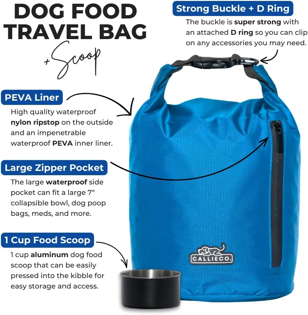 Dog Food Travel Bag w/ 1 Cup Scoop and Zipper Side Pocket | Waterproof Kibble Storage Container for Home, Road Trips, Camping, Boarding and More (Blue, 32 Cups)