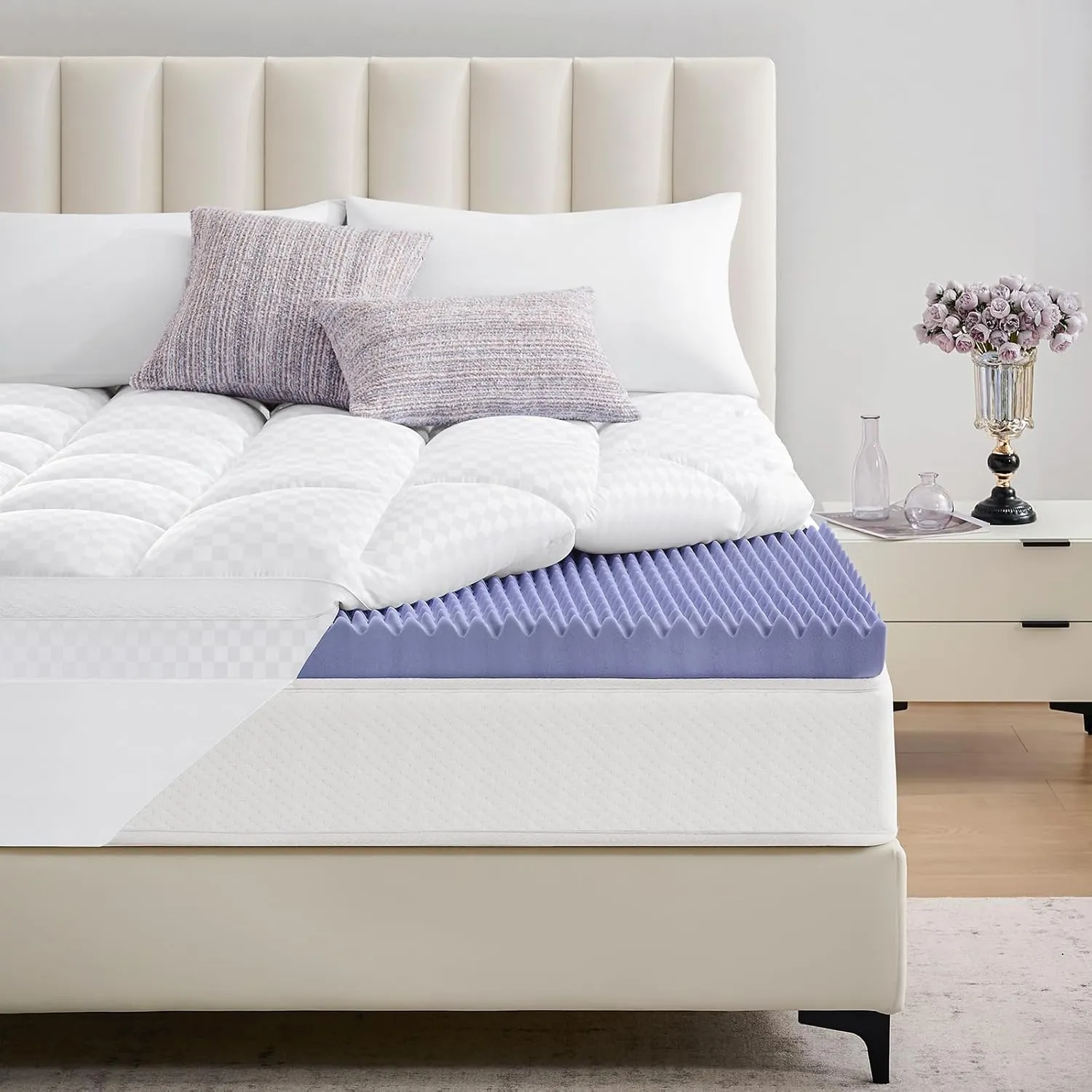 downluxe 5 Inch King Memory Foam Mattress Topper Pro Dual Layer 3 Inch Cooling Gel Egg Crate Memory Foam Plus 2 Inch Pillow Top Medium Firm with Deep Pocket
