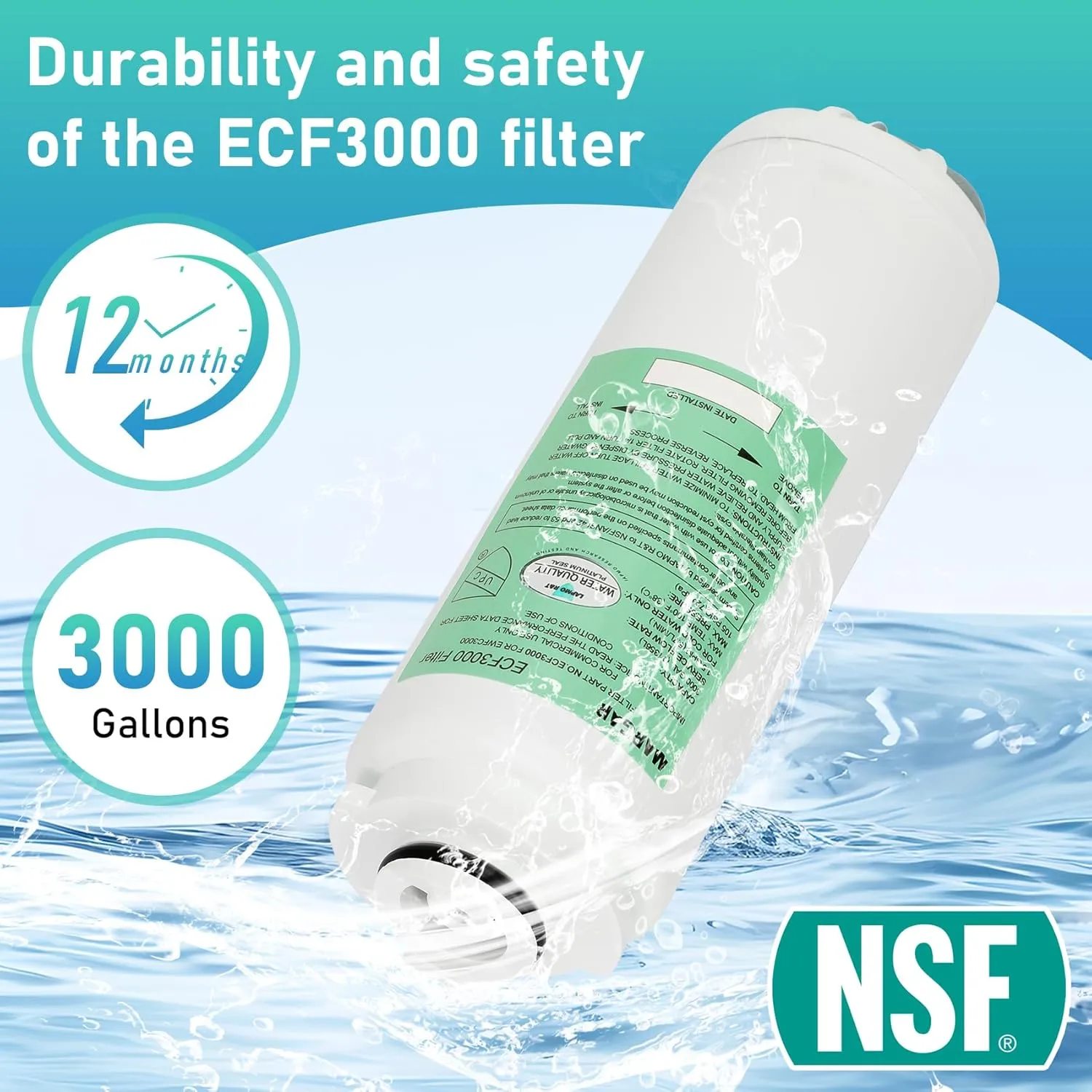 ECF3000 Filters, Compatible with Elkay ezH2O WaterSentry Plus Replacement, High Capacity 3000 Gallons for Built-in Elkay Water Dispenser 51300C ECF3000 ERF750 Filters Replacement (No Chip) 2 Packs