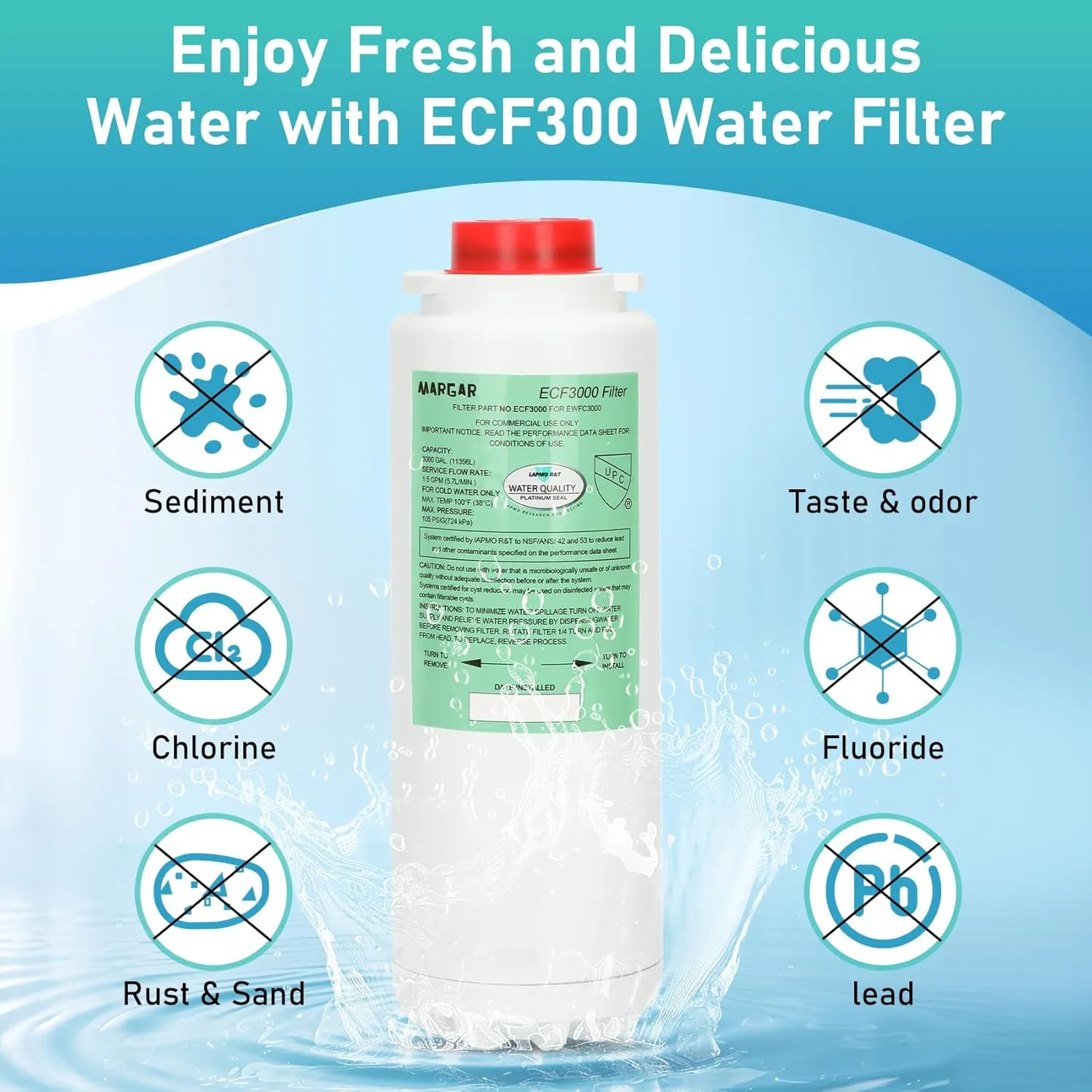 ECF3000 Filters, Compatible with Elkay ezH2O WaterSentry Plus Replacement, High Capacity 3000 Gallons for Built-in Elkay Water Dispenser 51300C ECF3000 ERF750 Filters Replacement (No Chip) 2 Packs
