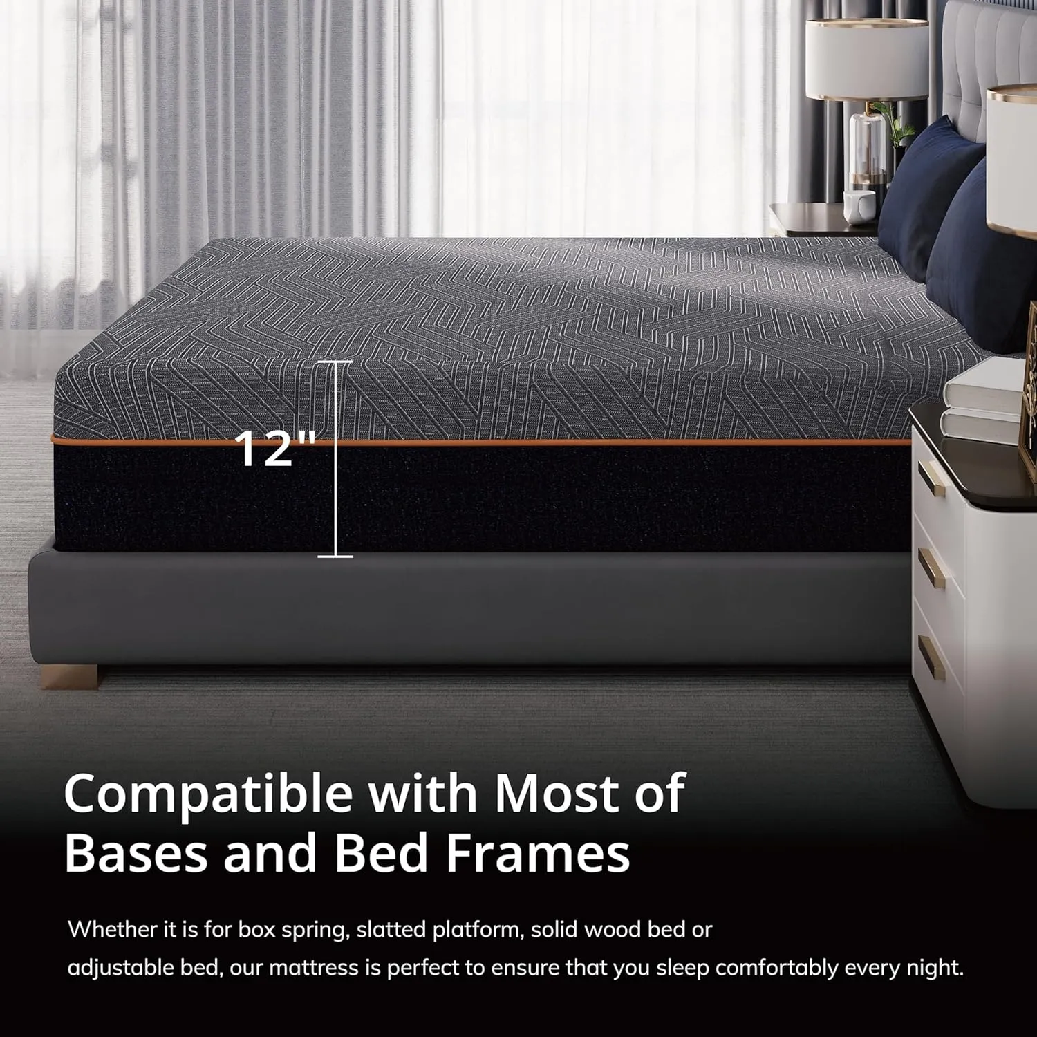 EGOHOME 12 Inch Cal King Memory Foam Mattress for Back Pain, Cooling Copper Gel Bed in a Box, Foam Made in USA, CertiPUR-US Certified, Therapeutic Medium Firm, 72x84x12 Black