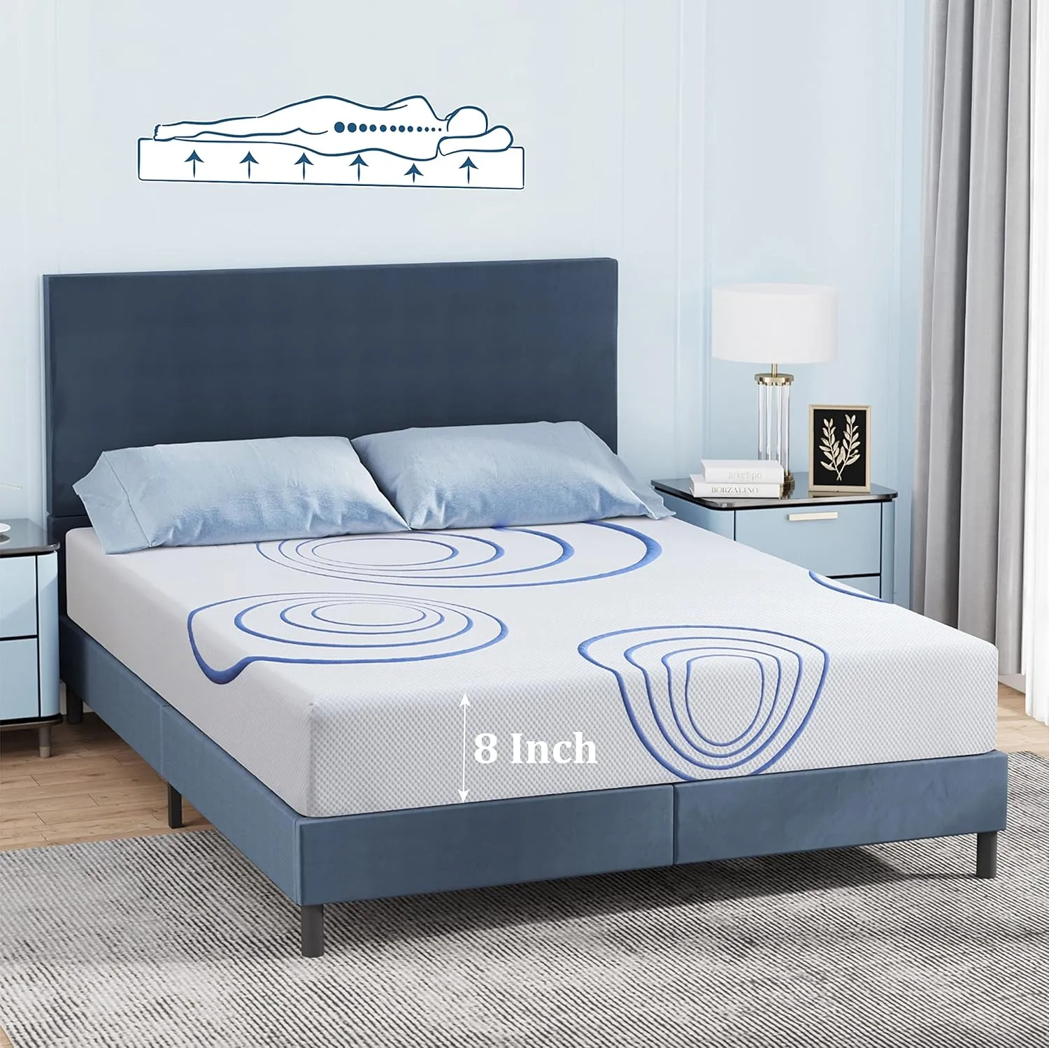 EGOHOME 8 Inch Queen Mattress, Charcoal Gel Cooling Memory Foam Mattress in a Box, Medium Fiberglass Free, CertiPUR-US Certified, Blue