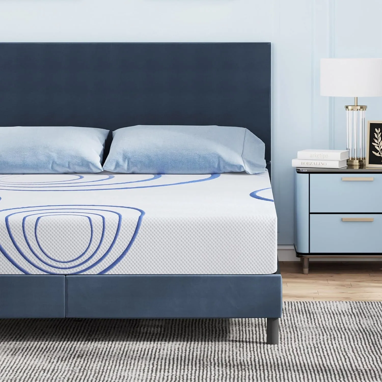 EGOHOME 8 Inch Queen Mattress, Charcoal Gel Cooling Memory Foam Mattress in a Box, Medium Fiberglass Free, CertiPUR-US Certified, Blue