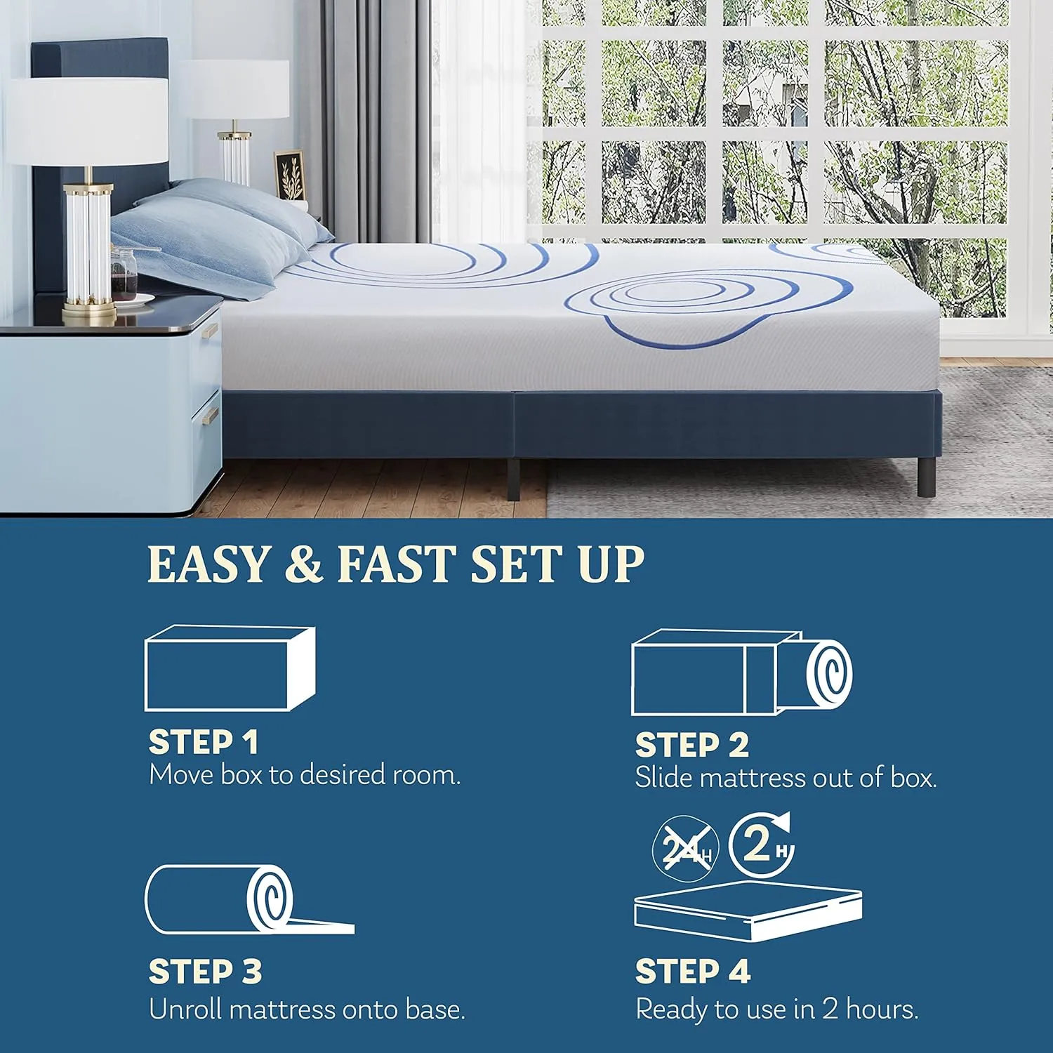 EGOHOME 8 Inch Queen Mattress, Charcoal Gel Cooling Memory Foam Mattress in a Box, Medium Fiberglass Free, CertiPUR-US Certified, Blue