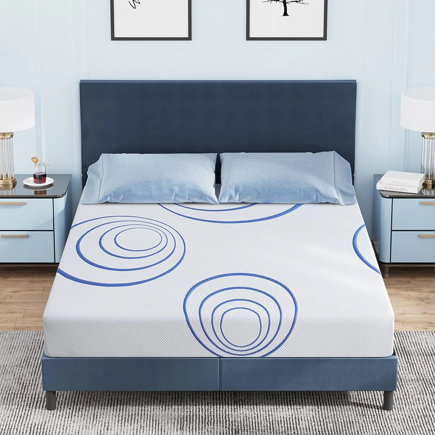 EGOHOME 8 Inch Queen Mattress, Charcoal Gel Cooling Memory Foam Mattress in a Box, Medium Fiberglass Free, CertiPUR-US Certified, Blue