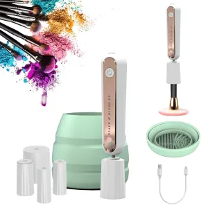 Electric Makeup Brush Cleaner, Collapsible Silicone Bowl, Rechargeable, Travel-Friendly, USB-C, 5 Attachments, Premium Cleaning Wand, Fast Cleaning/Drying for All Brush Types