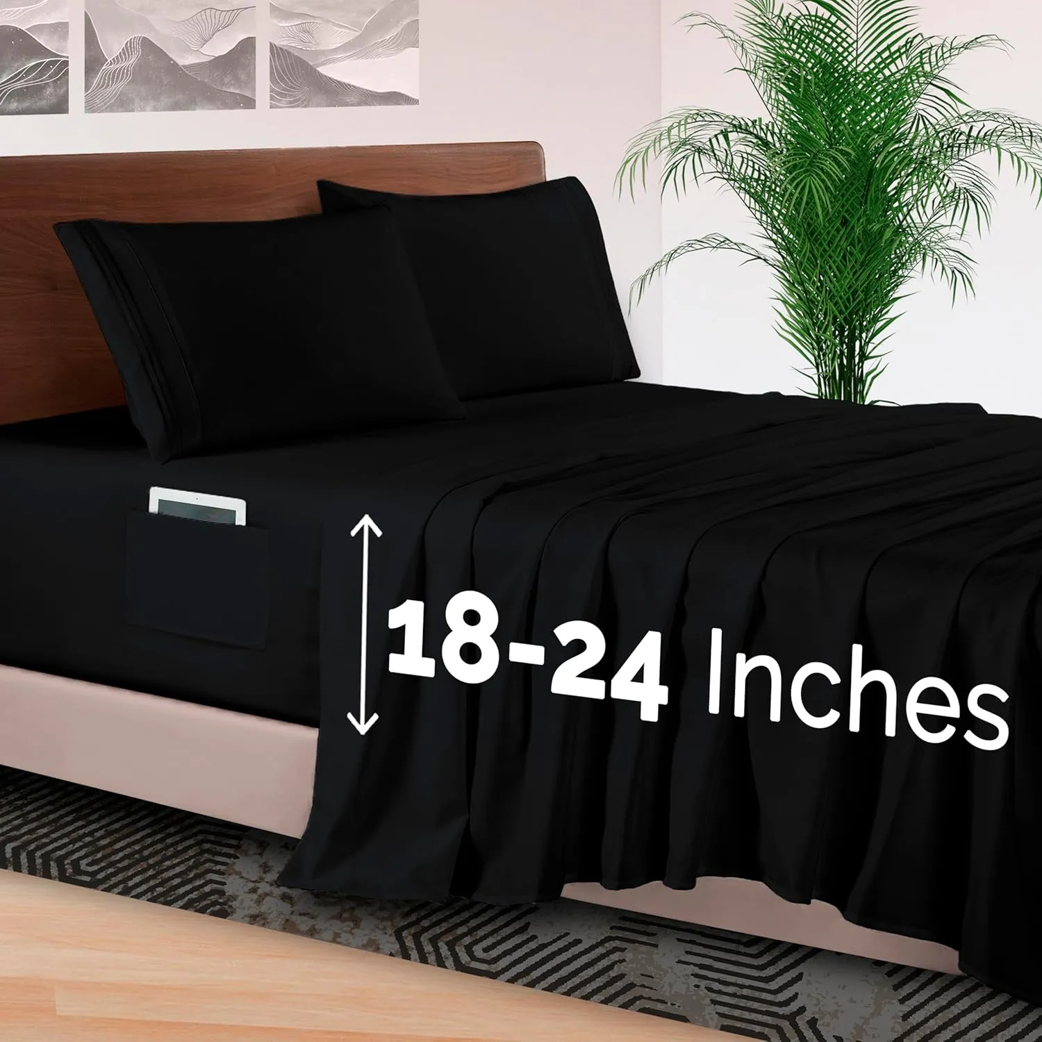 Elegant Comfort 4-Piece Bed Sheet Set - Luxury Bedding 1500 Premium Hotel Quality Microfiber, All Around Elastic 18-24 Inches Deep Fitted Sheet- Extra Deep Pocket Sheets, King, Black