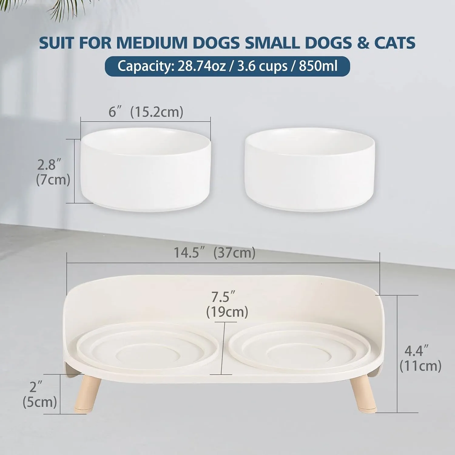 Elevated Ceramic Dog Bowl Set - Double Dog Feeding Bowls with Stand Splash Proof - Raised Dishes for Food and Water - Ideal for Small to Medium Dogs - 2 x 850 ml - 28.74 oz