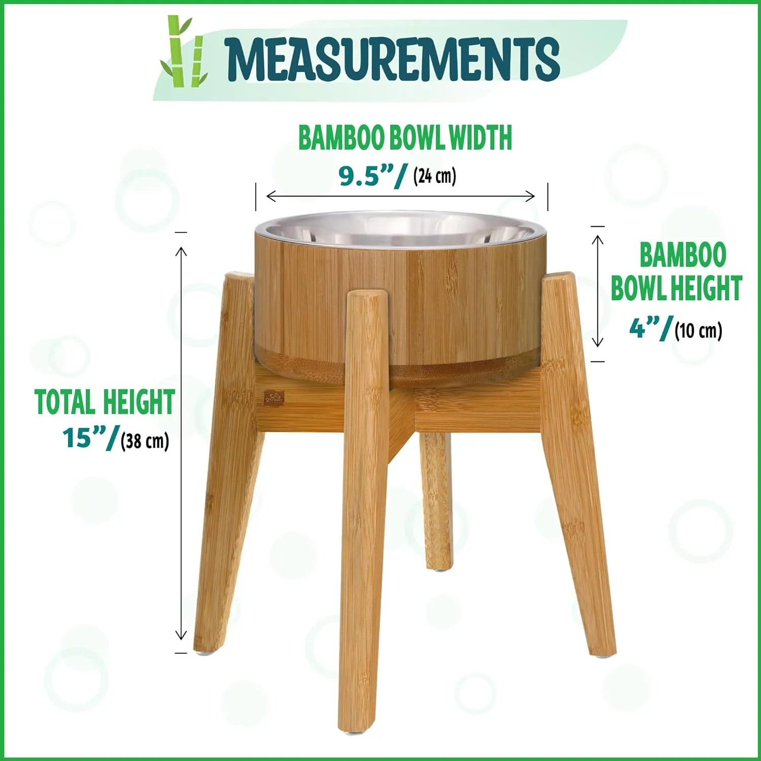 Elevated Dog Bowls for Large Breed - (15-Inch Tall, 74-oz Cap), Bamboo with Stainless Steel Dish, Raised Single Feeder - Dry and Wet Pet Foods Suitable