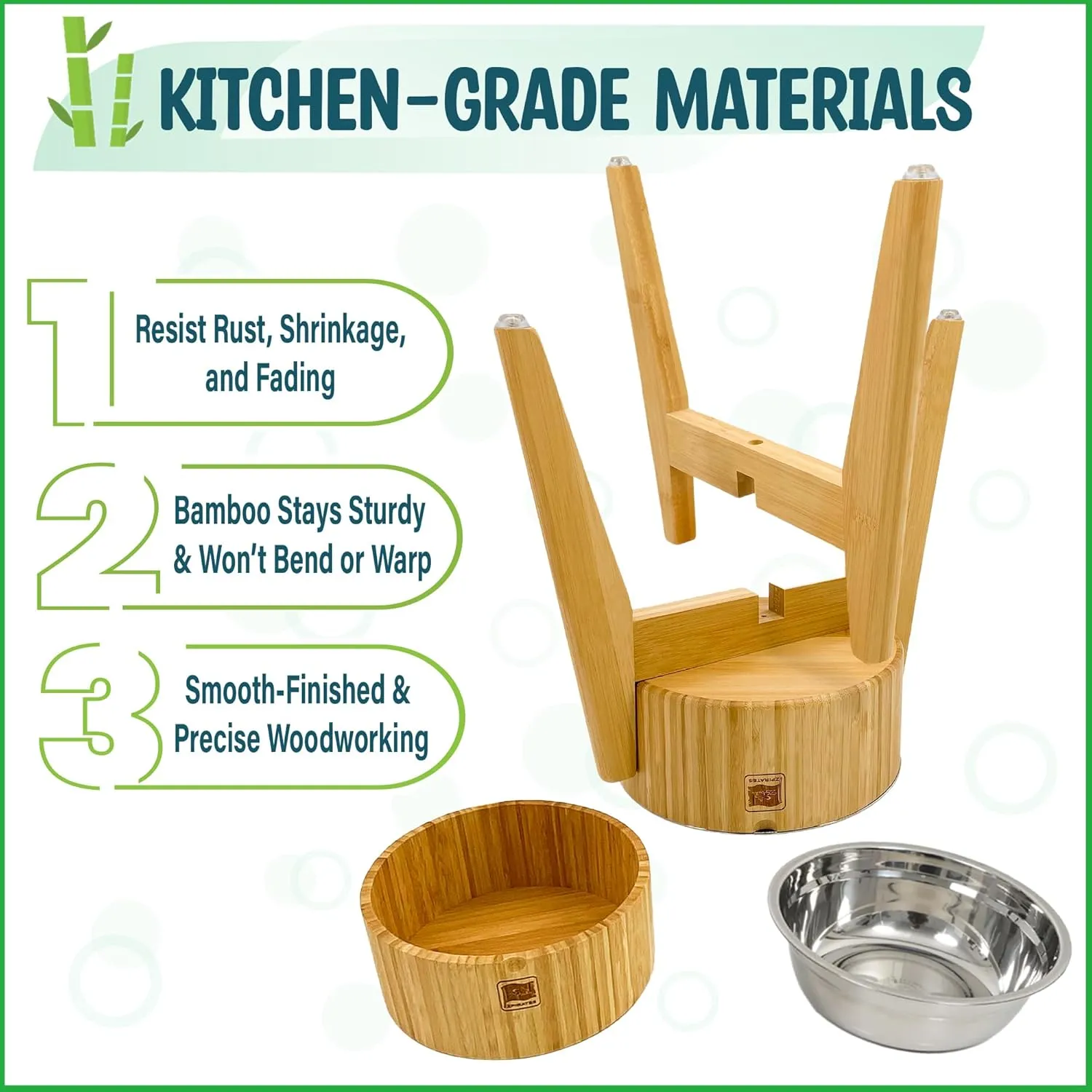 Elevated Dog Bowls for Large Breed - (15-Inch Tall, 74-oz Cap), Bamboo with Stainless Steel Dish, Raised Single Feeder - Dry and Wet Pet Foods Suitable
