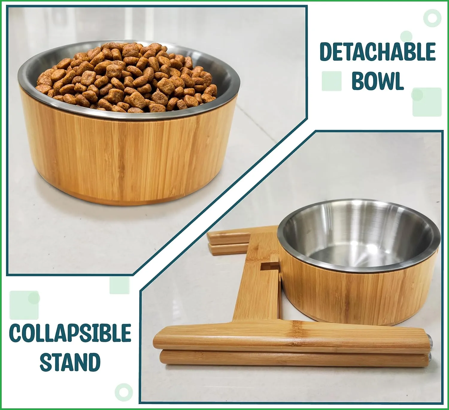 Elevated Dog Bowls for Large Breed - (15-Inch Tall, 74-oz Cap), Bamboo with Stainless Steel Dish, Raised Single Feeder - Dry and Wet Pet Foods Suitable