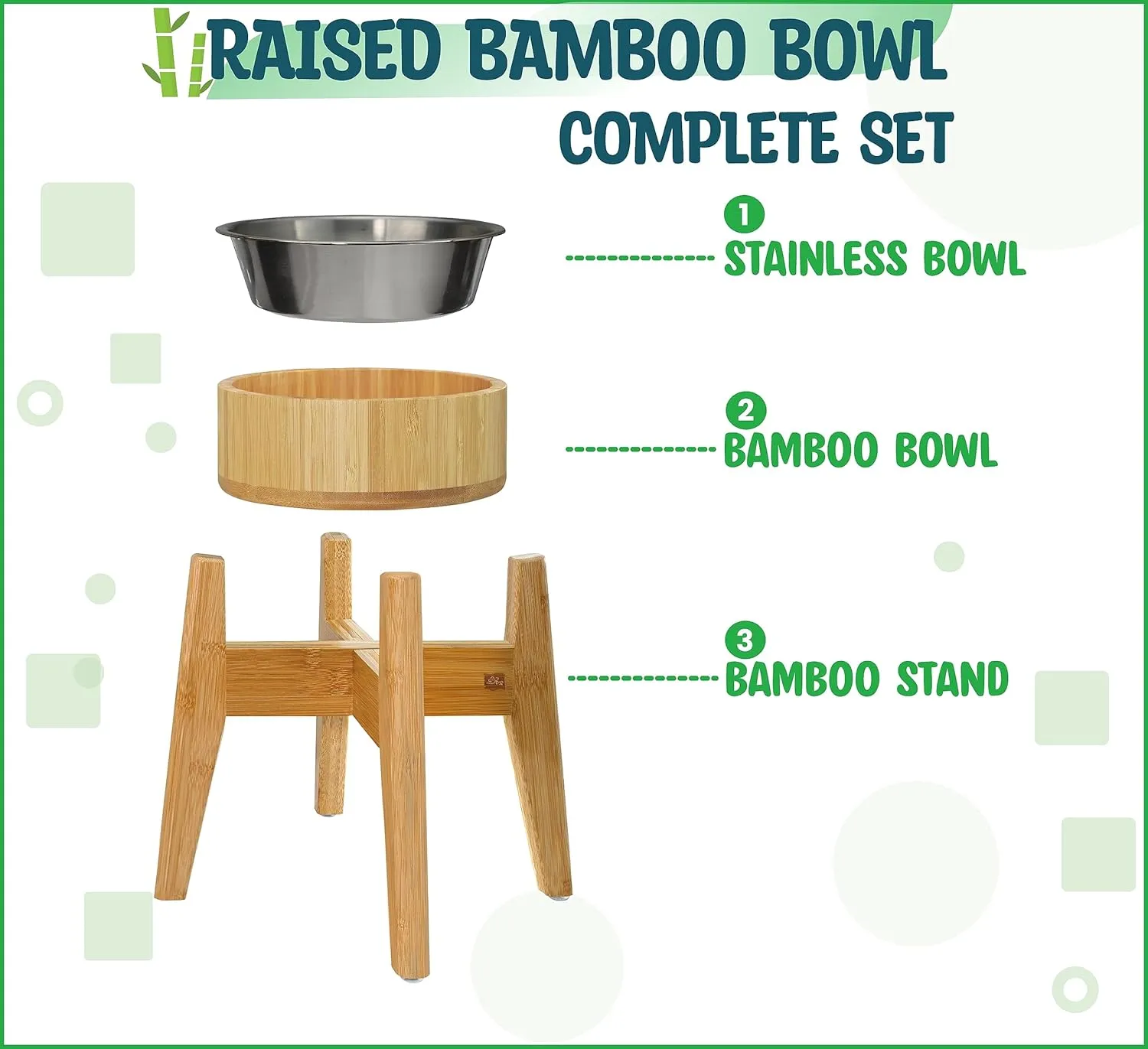 Elevated Dog Bowls for Large Breed - (15-Inch Tall, 74-oz Cap), Bamboo with Stainless Steel Dish, Raised Single Feeder - Dry and Wet Pet Foods Suitable