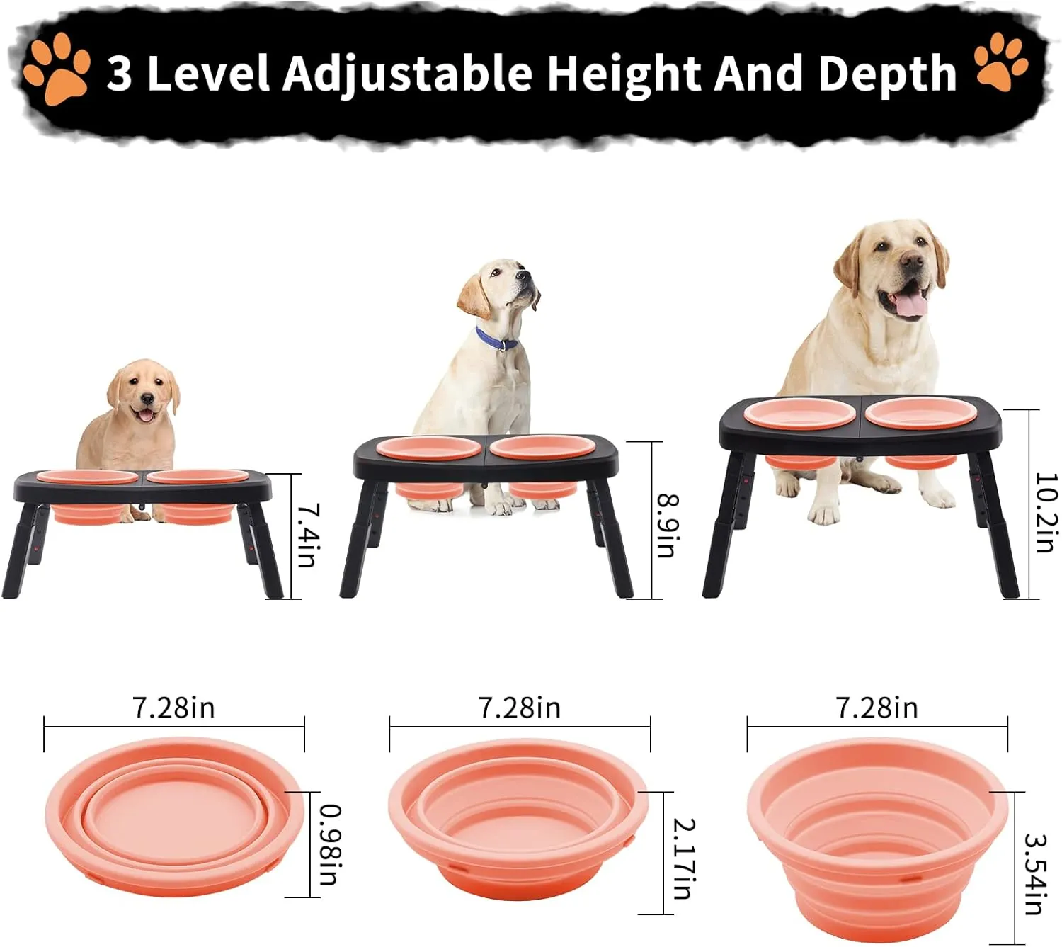 Elevated Dog Bowls for Large Dogs Medium Pet, Collapsible Travel 2 Raised Dog Food Water Bowl with Stand 3 Adjustable Heights 7.4"/8.9"/10.2", Feeding Diner Table Portable Outdoor Black Pink