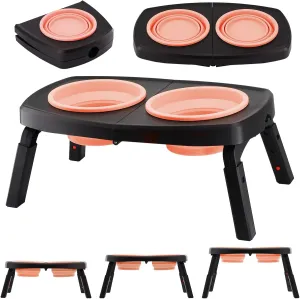 Elevated Dog Bowls for Large Dogs Medium Pet, Collapsible Travel 2 Raised Dog Food Water Bowl with Stand 3 Adjustable Heights 7.4"/8.9"/10.2", Feeding Diner Table Portable Outdoor Black Pink