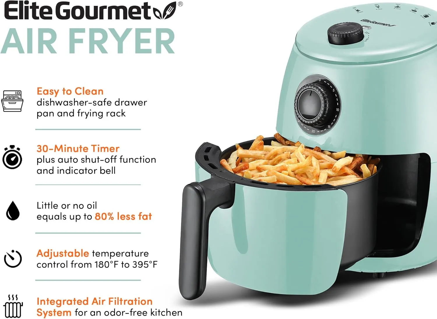 Elite Gourmet EAF0201BLX Personal Compact Space Saving Electric Hot Air Fryer Oil-Less Healthy Cooker, Timer & Temperature Controls, 1000W, 2.1 Quart, Mint