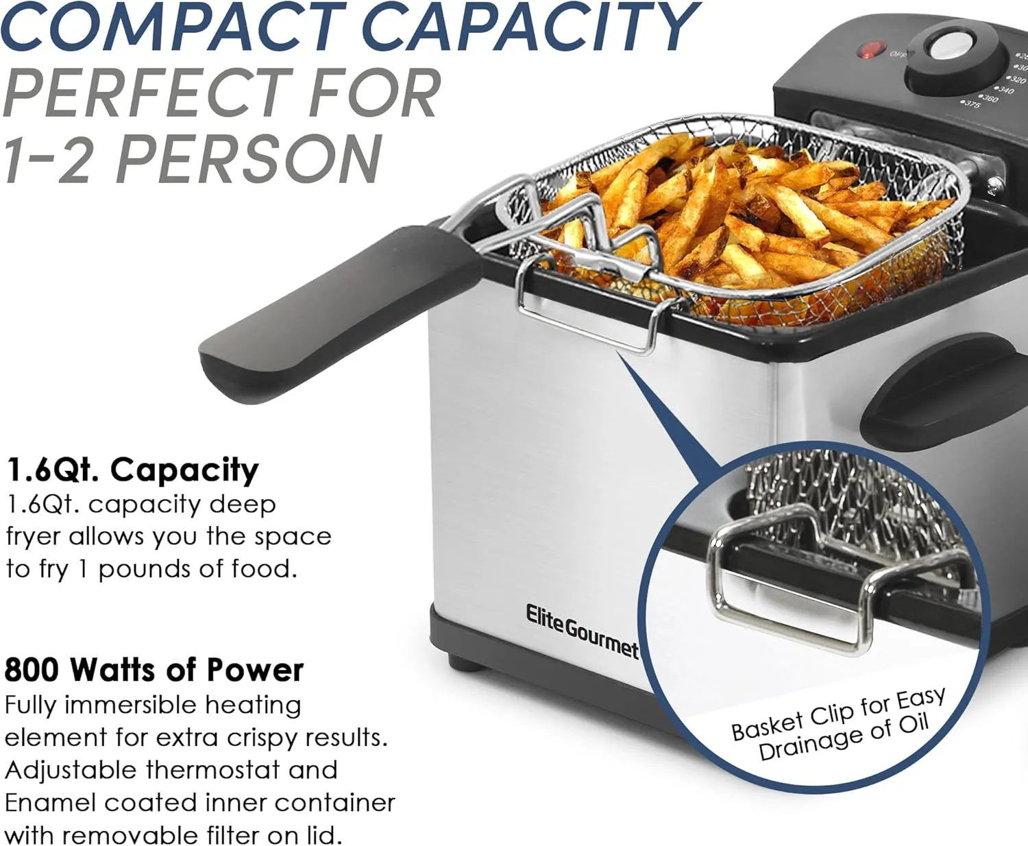 Elite Gourmet EDF-1607 800-Watt Mesh Basket 1.6 Quart / 6.5 Cup Oil Capacity, Electric Immersion Deep Fryer with Temperature Knob and Lid with View Window, stainless steel