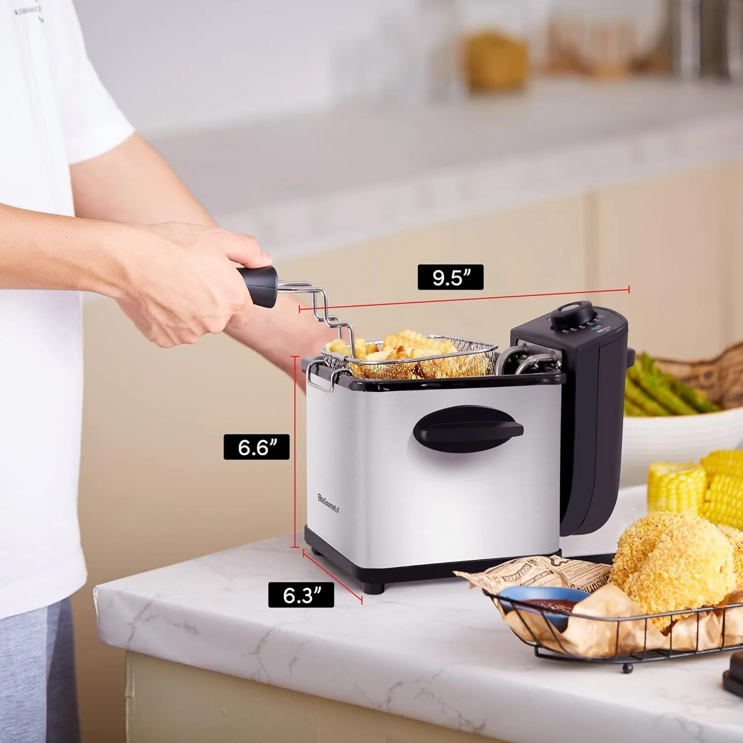 Elite Gourmet EDF-1607 800-Watt Mesh Basket 1.6 Quart / 6.5 Cup Oil Capacity, Electric Immersion Deep Fryer with Temperature Knob and Lid with View Window, stainless steel