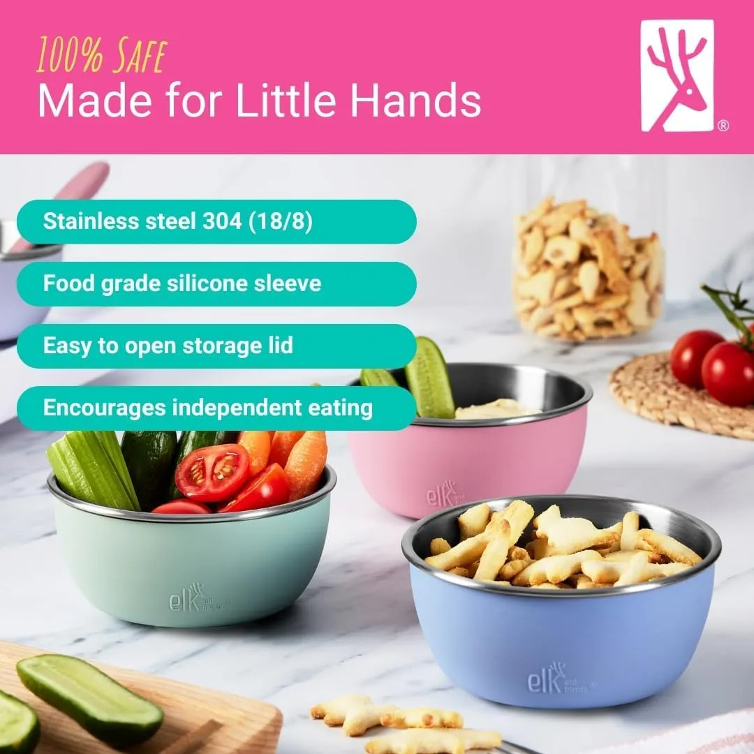 Elk and Friends Stainless Steel Bowls   Silicone Sleeve and Storage Lid | Baby, Toddler, Kids | Cereal & Snack Bowls | Storage Containers | Dishwasher Safe | 4 Pack
