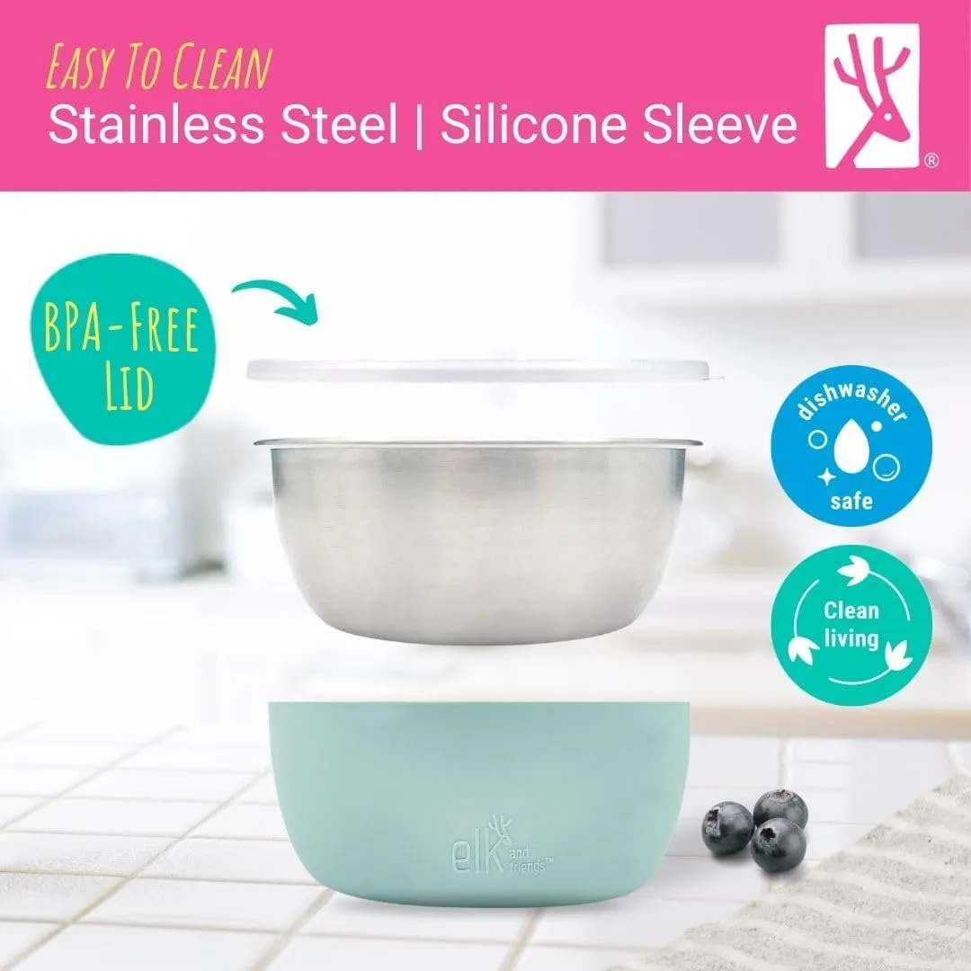 Elk and Friends Stainless Steel Bowls   Silicone Sleeve and Storage Lid | Baby, Toddler, Kids | Cereal & Snack Bowls | Storage Containers | Dishwasher Safe | 4 Pack
