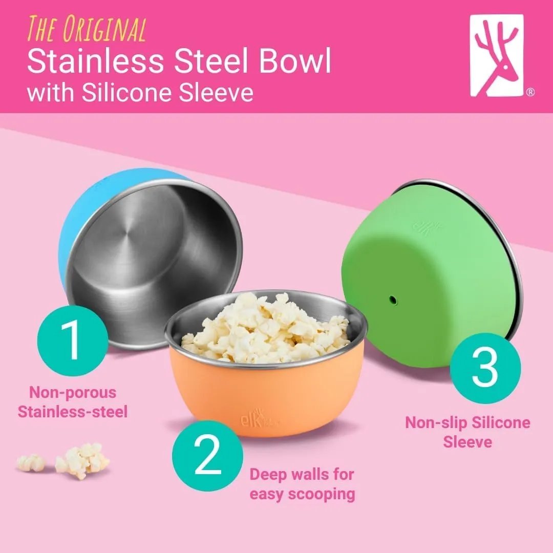 Elk and Friends Stainless Steel Bowls   Silicone Sleeve and Storage Lid | Baby, Toddler, Kids | Cereal & Snack Bowls | Storage Containers | Dishwasher Safe | 4 Pack