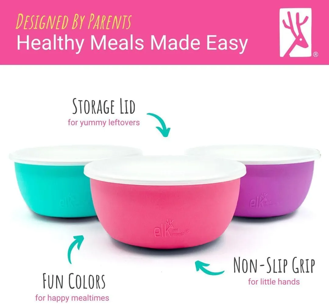 Elk and Friends Stainless Steel Bowls   Silicone Sleeve and Storage Lid | Baby, Toddler, Kids | Cereal & Snack Bowls | Storage Containers | Dishwasher Safe | 4 Pack