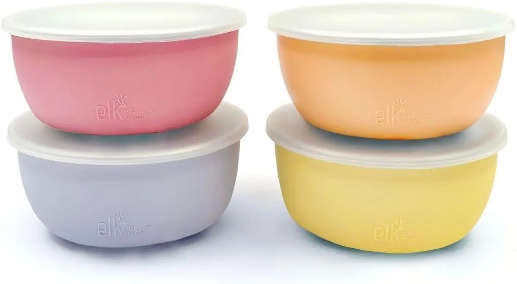 Elk and Friends Stainless Steel Bowls   Silicone Sleeve and Storage Lid | Baby, Toddler, Kids | Cereal & Snack Bowls | Storage Containers | Dishwasher Safe | 4 Pack