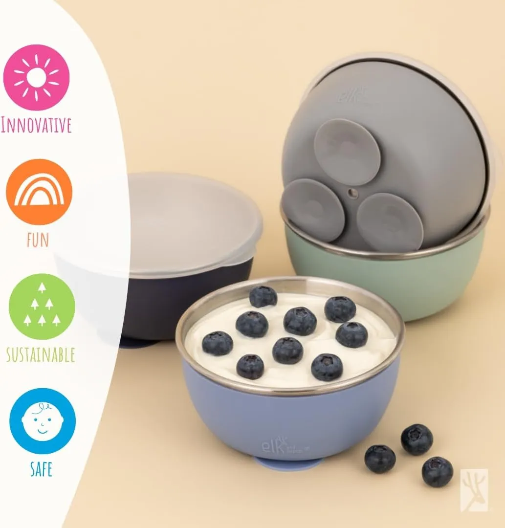 Elk and Friends Stainless Steel Bowls with Silicone Sleeve for Babies & Toddlers | Lids Included | Stay Put Suction | Cereal & Snack Bowls | 4 Pack