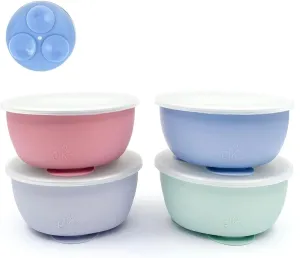 Elk and Friends Stainless Steel Bowls with Silicone Sleeve for Babies & Toddlers | Lids Included | Stay Put Suction | Cereal & Snack Bowls | 4 Pack