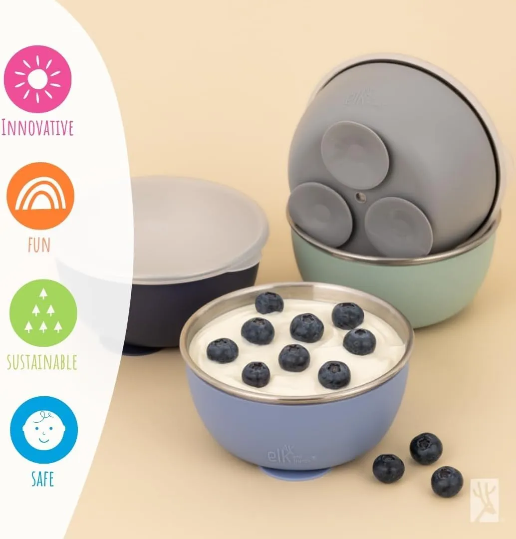 Elk and Friends Stainless Steel Bowls with Silicone Sleeve for Babies & Toddlers | Lids Included | Stay Put Suction | Cereal & Snack Bowls | 4 Pack